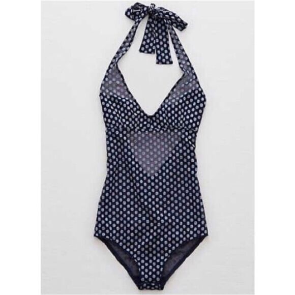 Aerie Real Obsessed Navy Blue Sheer Polka Dot Bodysuit Halter SZ XL - Picture 1 of 5